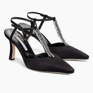 MANOLO BLAHNIK Sufik Embellished Satin T-Strap Pumps